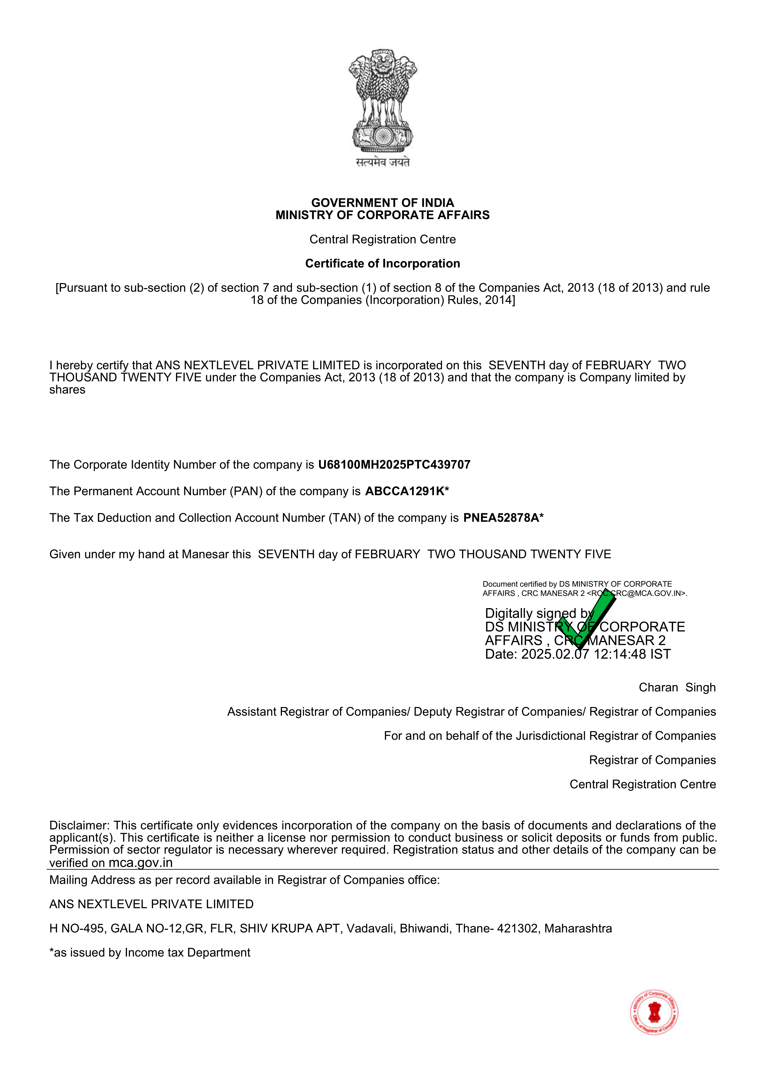 CERIFICATE OF INCORPORATION